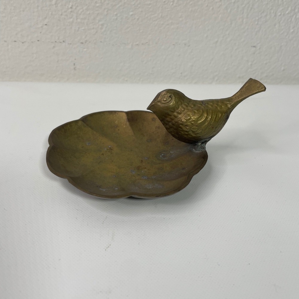 Vintage Brass Bird Trinket Dish Scalloped Flower Ring Holder Catchall